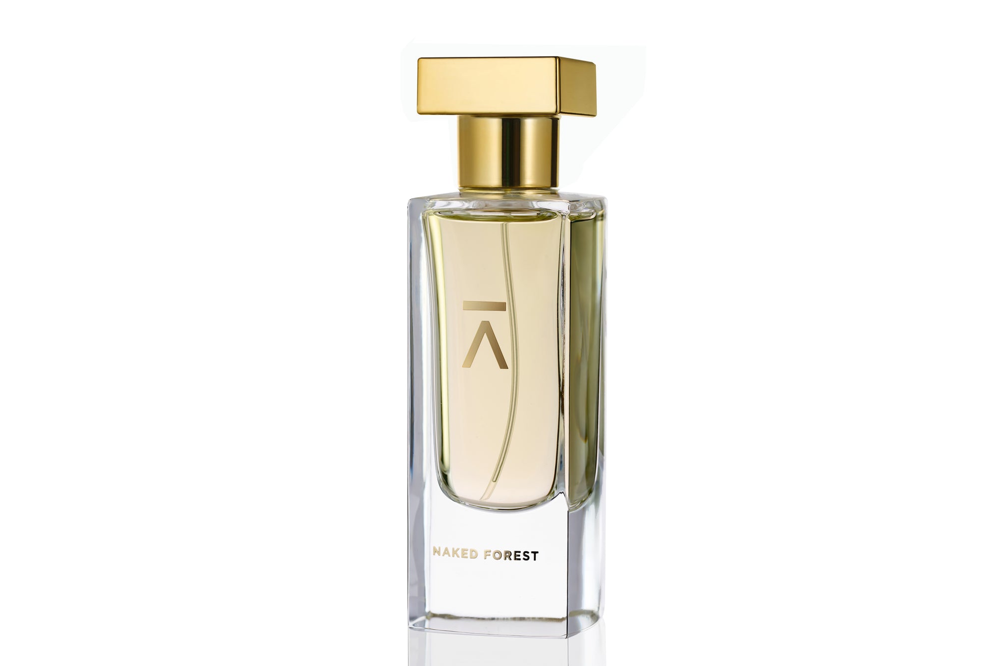 Studio photograph of a ‘Naked Forest’ perfume bottle by Azman Perfumes in collaboration with Prin Lomros, set against a white background. The bottle reflects a green, veggie, and mysterious aesthetic, highlighting elements such as iris, sandalwood, and mango.