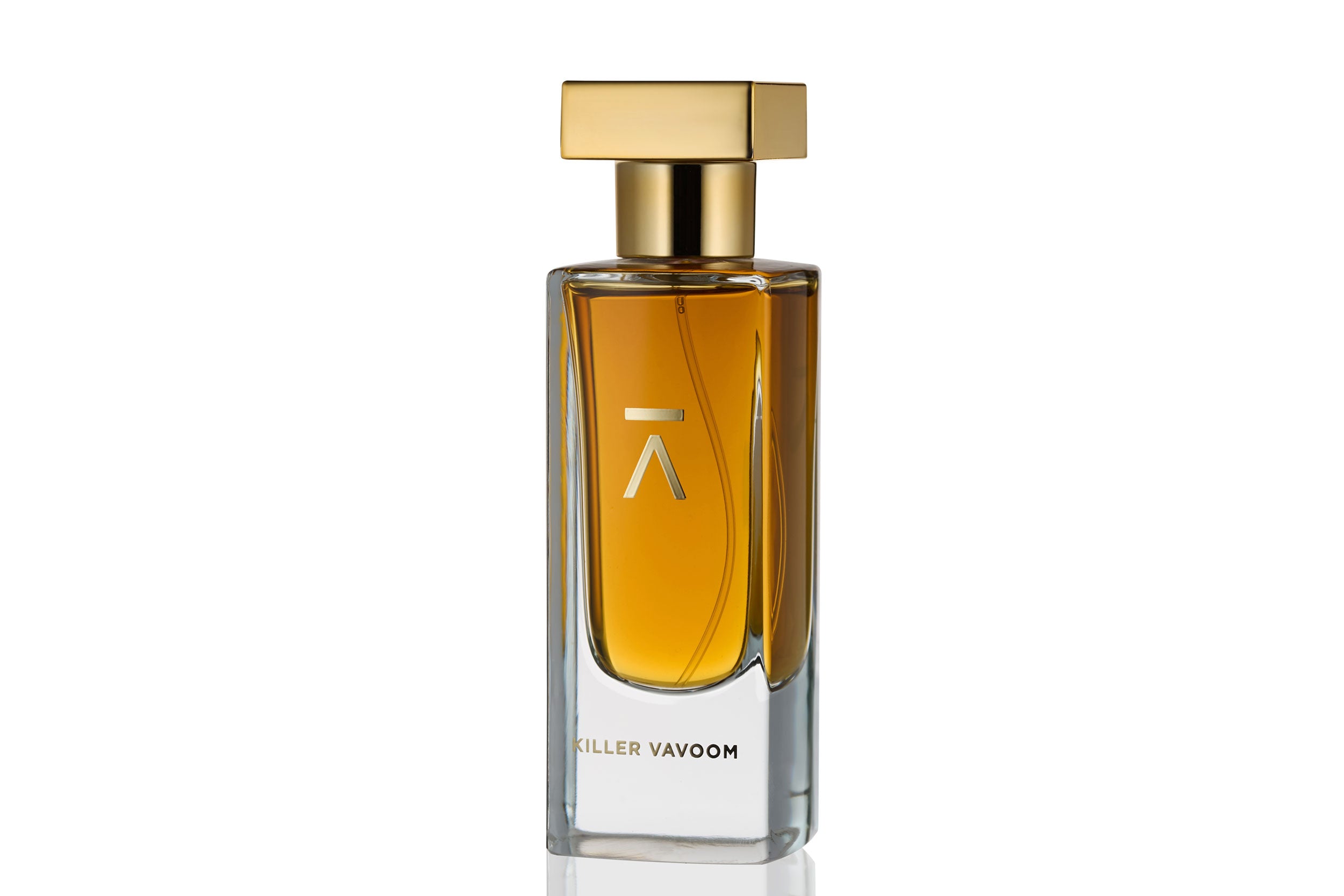 Studio shot of the 'Killer Vavoom' perfume bottle by Azman Perfumes, created in collaboration with Miguel Matos, renowned Fragrantica writer and independent nose. The fragrance features notes of chocolate, Osmanthus, and iris, captured against a white background