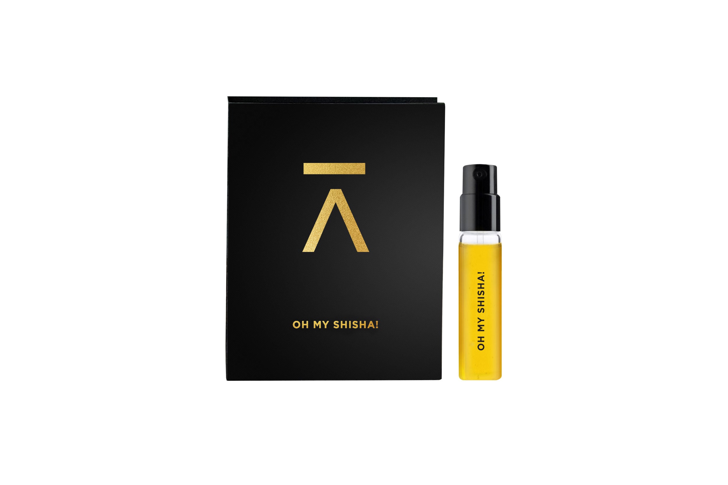 A small clear spray bottle filled with bright yellow liquid stands beside a tall black rectangular box with a gold geometric logo and the text 'OH MY SHIMSAI' on a plain white background.