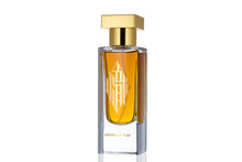 Perfume bottle labeled “Crown of Fire” with a gold cap, photographed on a white background. The bottle features elegant Chinese calligraphy in 24 carat gold that translates to “fire.”