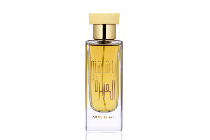 A rectangular glass perfume bottle filled with golden-yellow liquid, featuring a gold cap and gold Arabic calligraphy on the front, with the text 'OH MY SHISHA!' printed near the bottom, set against a plain white background.