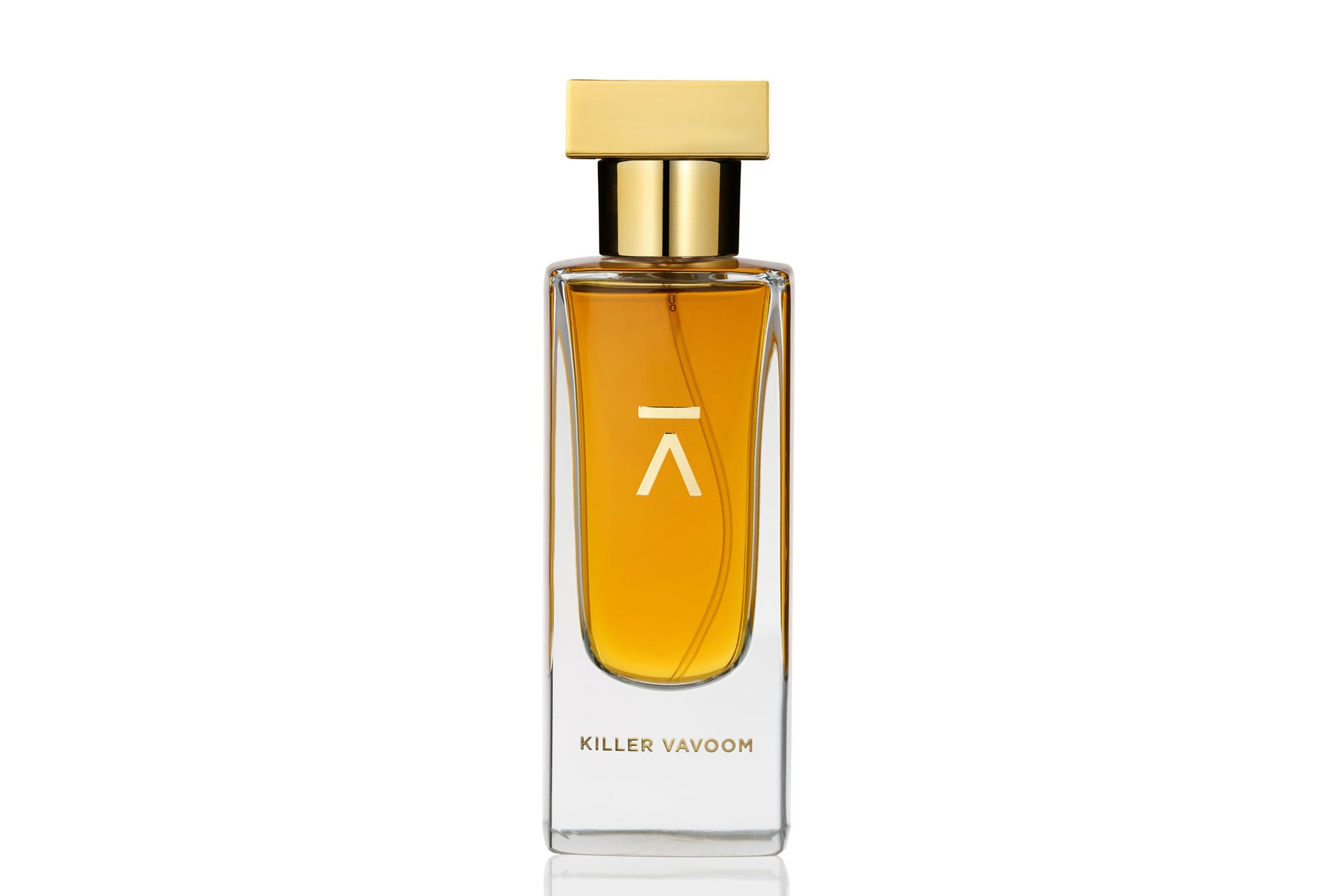 Studio shot of the 'Killer Vavoom' perfume bottle by Azman Perfumes, created in collaboration with Miguel Matos, renowned Fragrantica writer and independent nose. The fragrance features notes of chocolate, Osmanthus, and iris, captured against a white background