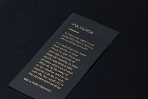 Azman perfumes has cerated Majnoon perfumes in collaboration with famous perfumer/nose Prin Lomros. He is famous for his own Prin line of fragrances and Zoologist perfumes. Majnoon is made of pomegranate, coffee, rose, jasmine and two types of different ouds. Majnoon pack has beautiful poetry in gold on black special card. 
