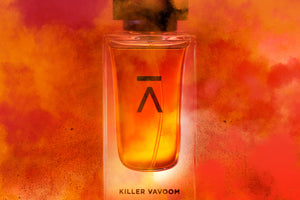 Azman perfumes has cerated Killer Vavoom perfume in collaboration with Miguel Matos fragrantica famous writer and independent nose. This perfume has chocolate, Osmanthus and iris. Killer Vavoom Pack shot in multii color.